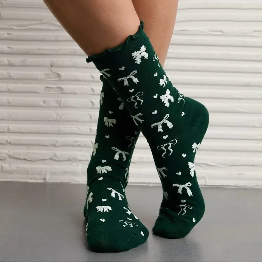 AE OS Deep Forest Green White Bows Ruffle Crew Christmas Holiday Socks